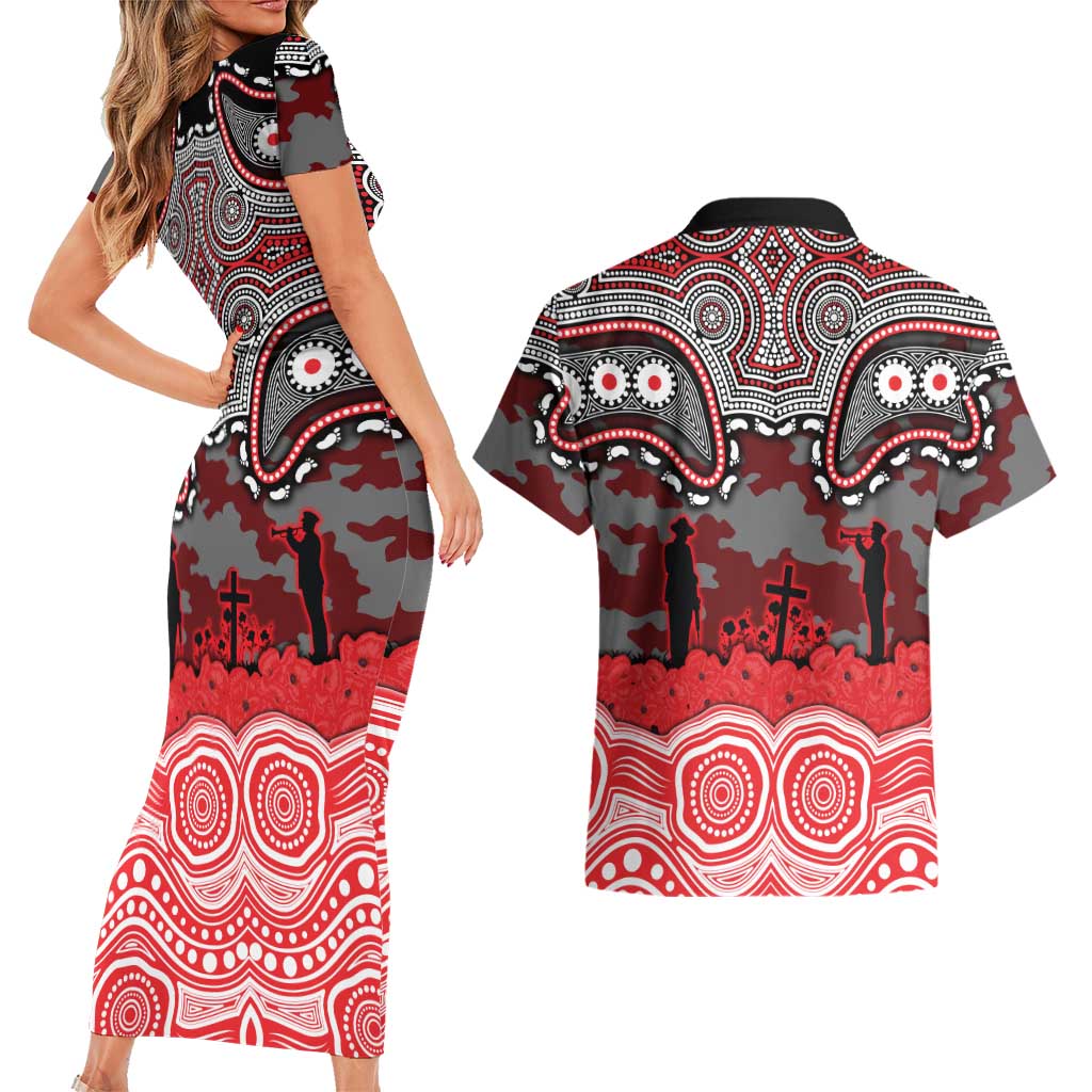 ANZAC Day Dolphins Couples Matching Short Sleeve Bodycon Dress and Hawaiian Shirt Military Memorial Aboriginal Indigenous Art