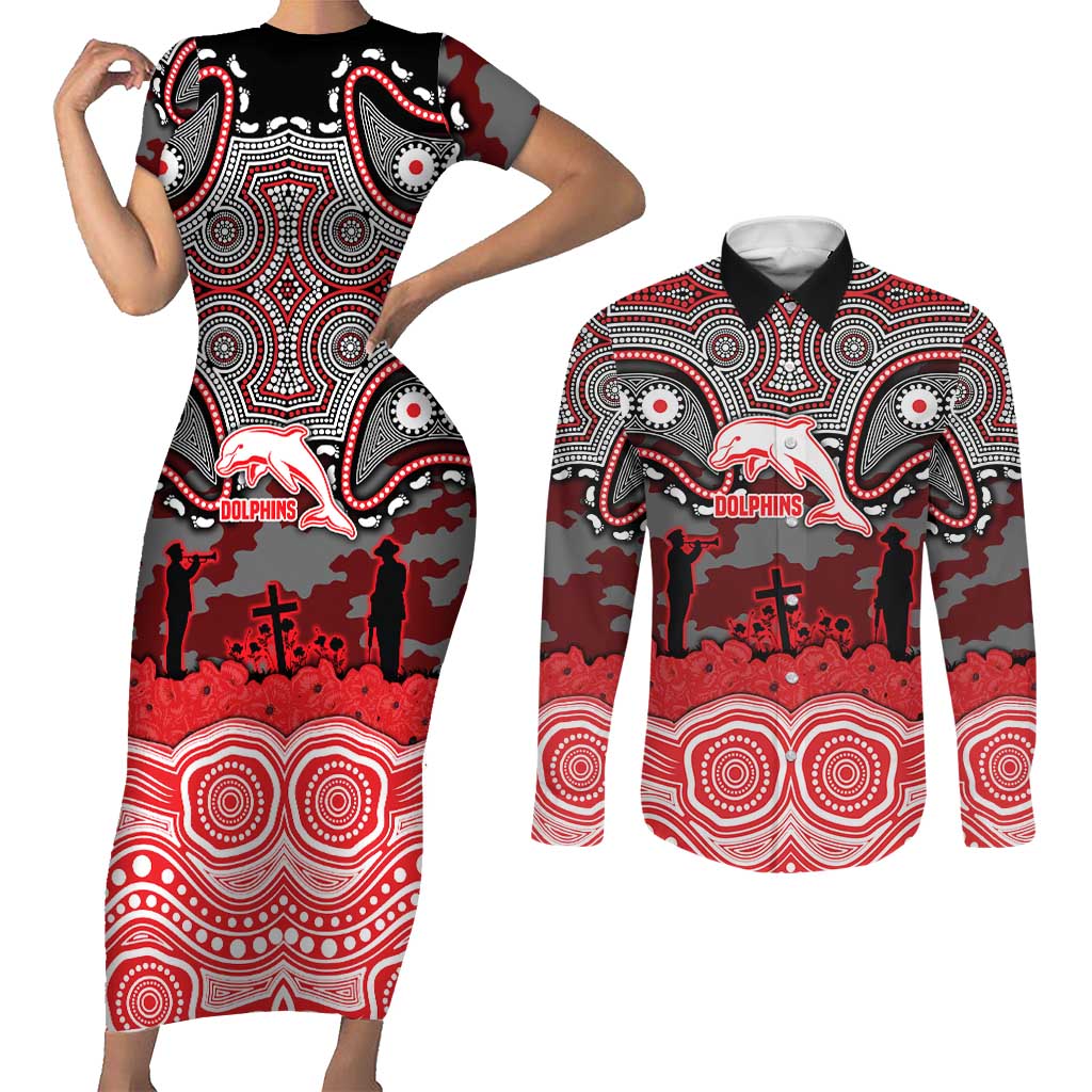 ANZAC Day Dolphins Couples Matching Short Sleeve Bodycon Dress and Long Sleeve Button Shirt Military Memorial Aboriginal Indigenous Art