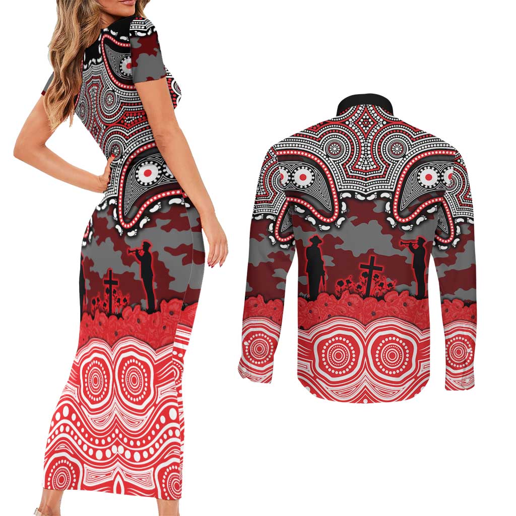 ANZAC Day Dolphins Couples Matching Short Sleeve Bodycon Dress and Long Sleeve Button Shirt Military Memorial Aboriginal Indigenous Art