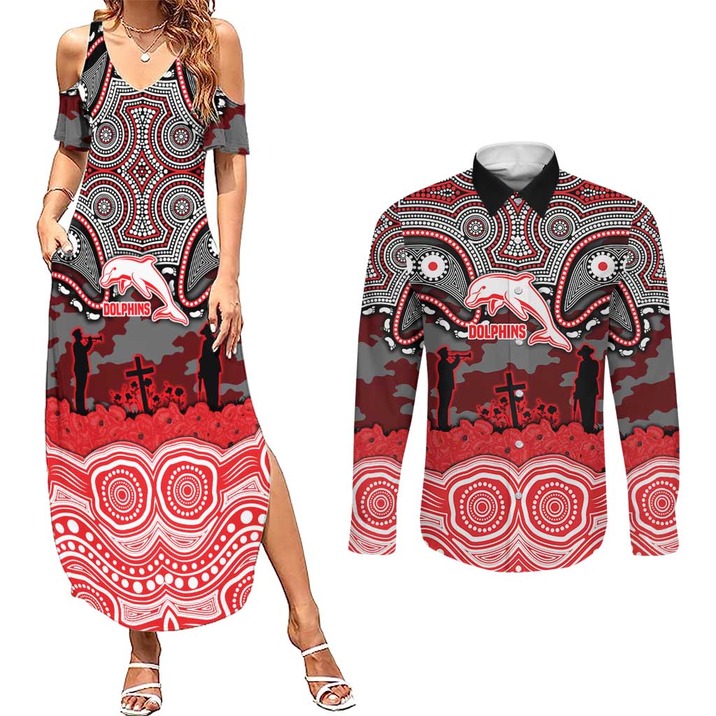 ANZAC Day Dolphins Couples Matching Summer Maxi Dress and Long Sleeve Button Shirt Military Memorial Aboriginal Indigenous Art