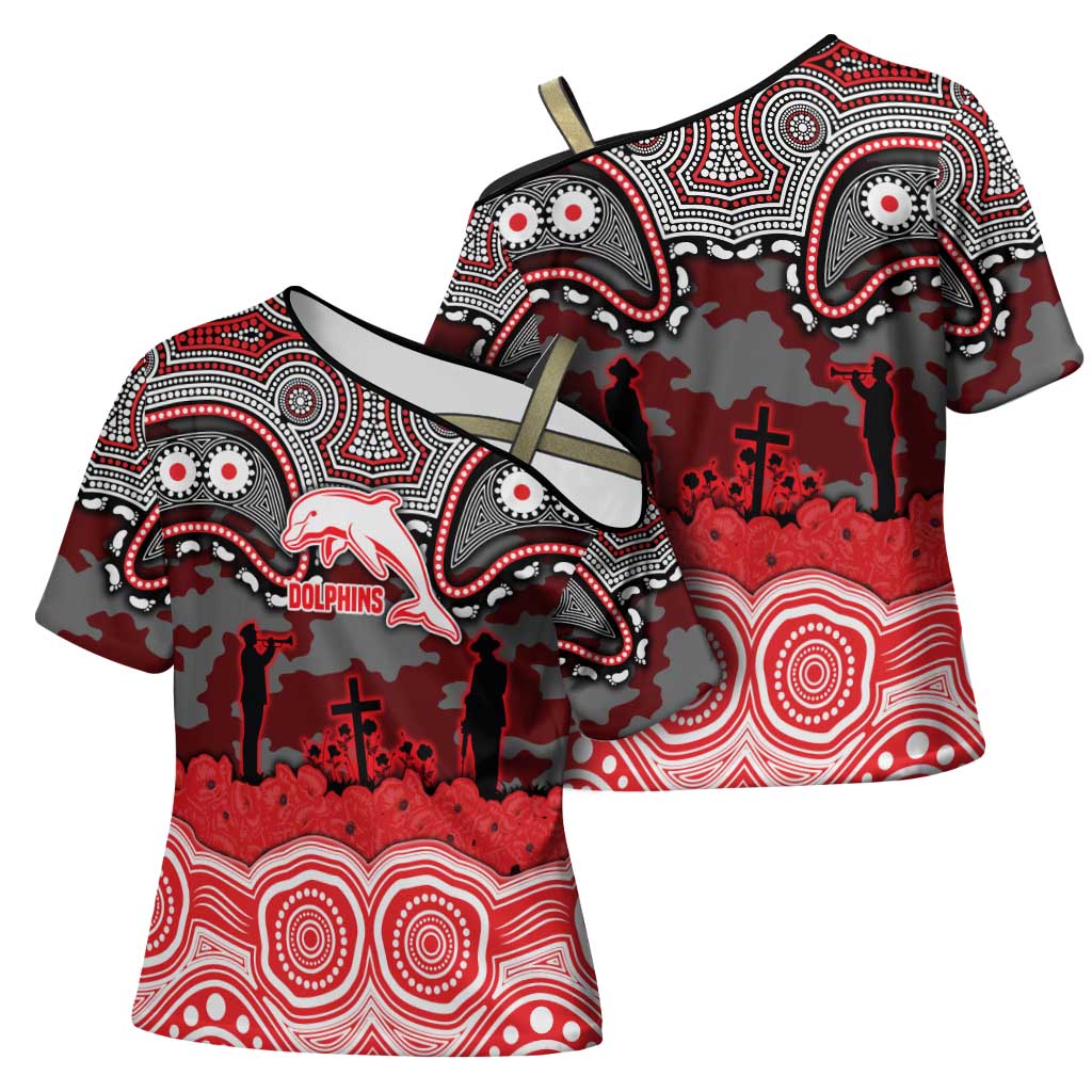 ANZAC Day Dolphins Cross Shoulder Shirt Military Memorial Aboriginal Indigenous Art