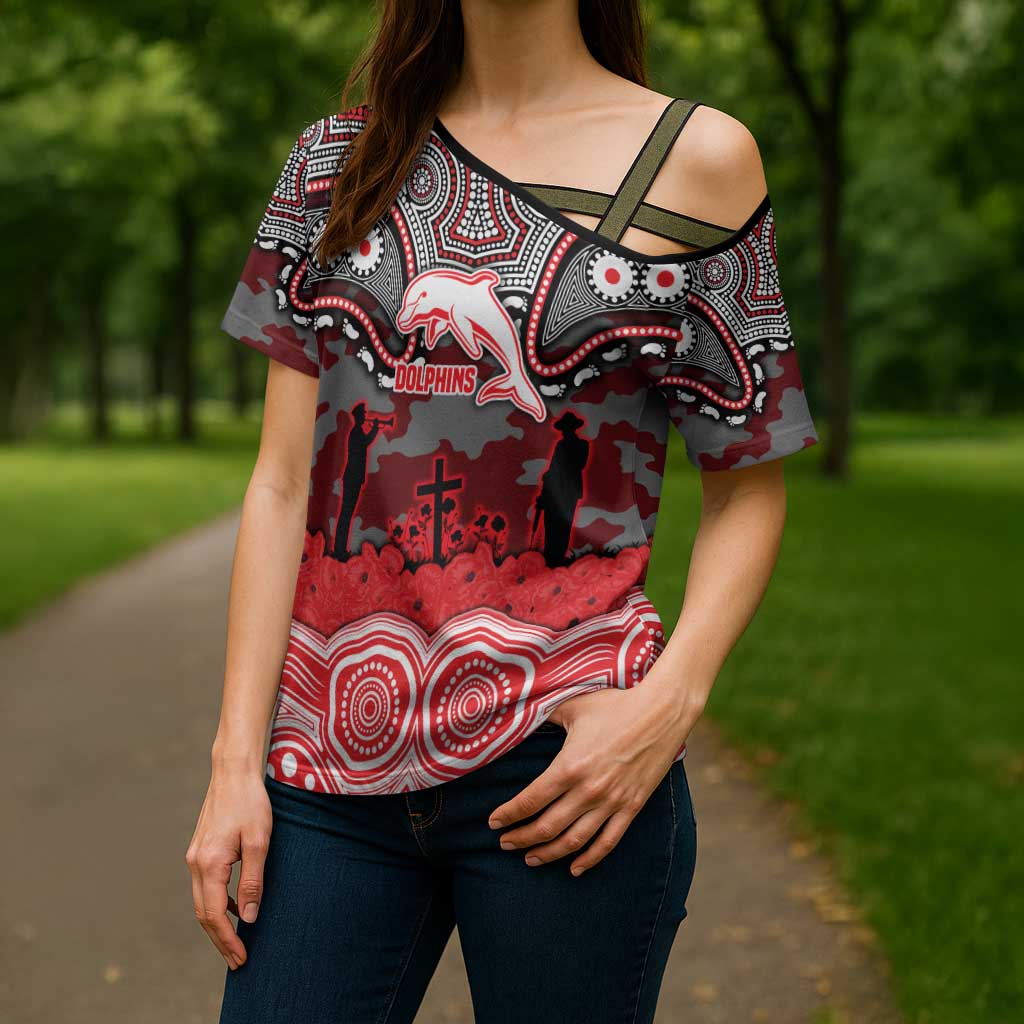 ANZAC Day Dolphins Cross Shoulder Shirt Military Memorial Aboriginal Indigenous Art