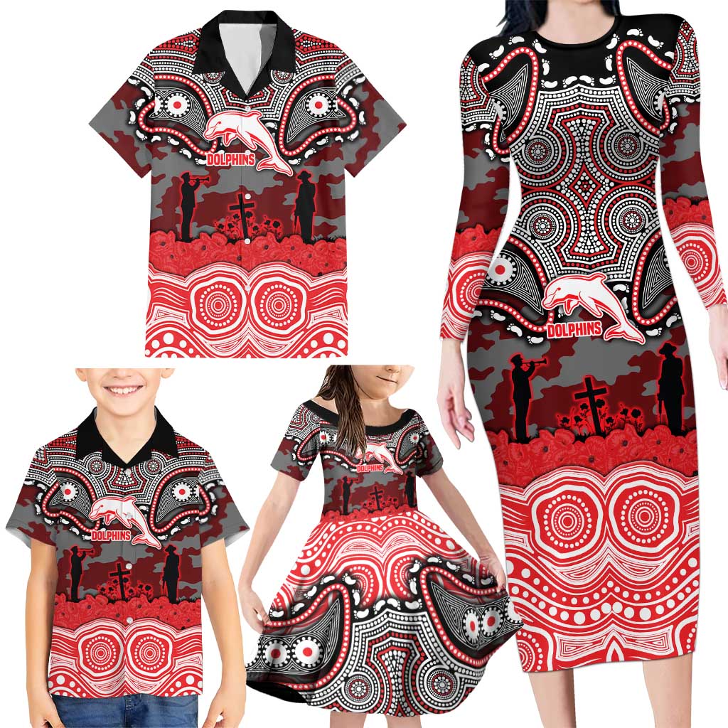 ANZAC Day Dolphins Family Matching Long Sleeve Bodycon Dress and Hawaiian Shirt Military Memorial Aboriginal Indigenous Art