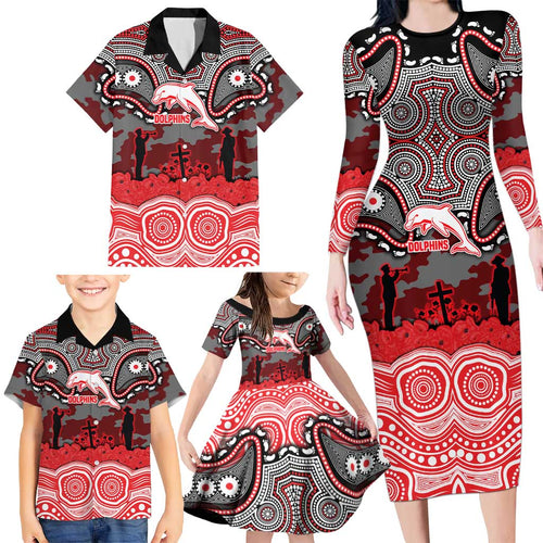 ANZAC Day Dolphins Family Matching Long Sleeve Bodycon Dress and Hawaiian Shirt Military Memorial Aboriginal Indigenous Art