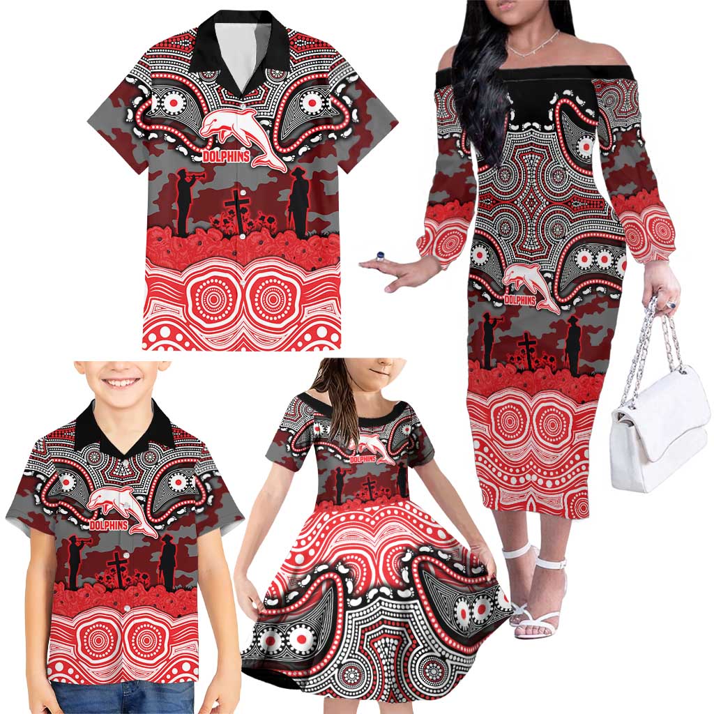 ANZAC Day Dolphins Family Matching Off The Shoulder Long Sleeve Dress and Hawaiian Shirt Military Memorial Aboriginal Indigenous Art