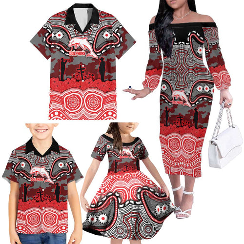 ANZAC Day Dolphins Family Matching Off The Shoulder Long Sleeve Dress and Hawaiian Shirt Military Memorial Aboriginal Indigenous Art