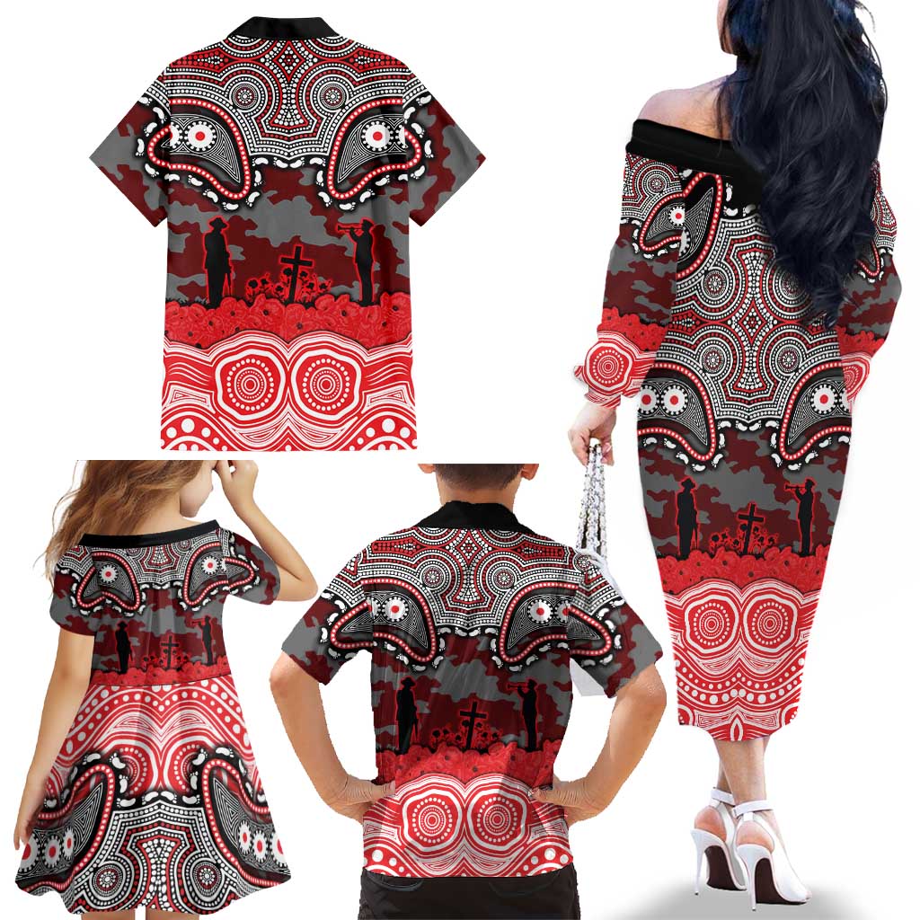 ANZAC Day Dolphins Family Matching Off The Shoulder Long Sleeve Dress and Hawaiian Shirt Military Memorial Aboriginal Indigenous Art
