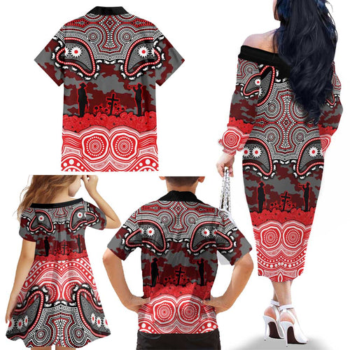 ANZAC Day Dolphins Family Matching Off The Shoulder Long Sleeve Dress and Hawaiian Shirt Military Memorial Aboriginal Indigenous Art