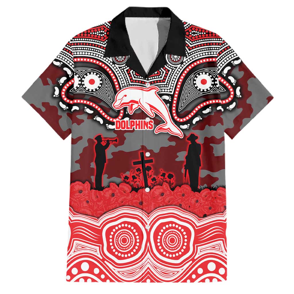ANZAC Day Dolphins Family Matching Off The Shoulder Long Sleeve Dress and Hawaiian Shirt Military Memorial Aboriginal Indigenous Art
