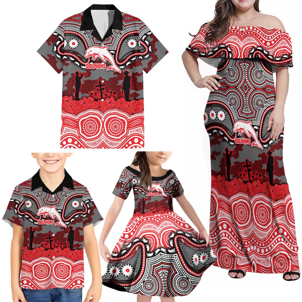 ANZAC Day Dolphins Family Matching Off Shoulder Maxi Dress and Hawaiian Shirt Military Memorial Aboriginal Indigenous Art
