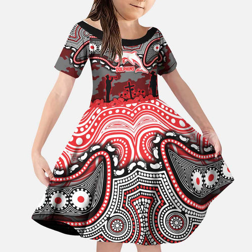 ANZAC Day Dolphins Family Matching Off Shoulder Maxi Dress and Hawaiian Shirt Military Memorial Aboriginal Indigenous Art