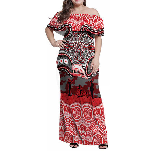 ANZAC Day Dolphins Family Matching Off Shoulder Maxi Dress and Hawaiian Shirt Military Memorial Aboriginal Indigenous Art