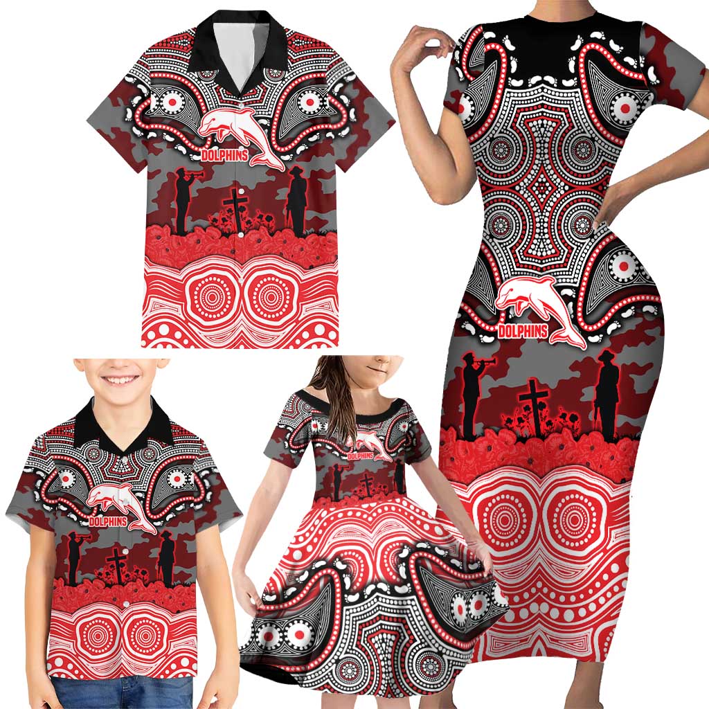 ANZAC Day Dolphins Family Matching Short Sleeve Bodycon Dress and Hawaiian Shirt Military Memorial Aboriginal Indigenous Art
