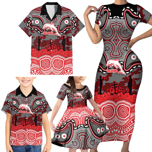 ANZAC Day Dolphins Family Matching Short Sleeve Bodycon Dress and Hawaiian Shirt Military Memorial Aboriginal Indigenous Art