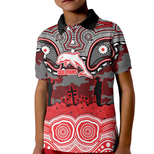 ANZAC Day Dolphins Kid Polo Shirt Military Memorial Aboriginal Indigenous Art