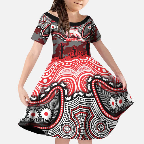 ANZAC Day Dolphins Kid Short Sleeve Dress Military Memorial Aboriginal Indigenous Art