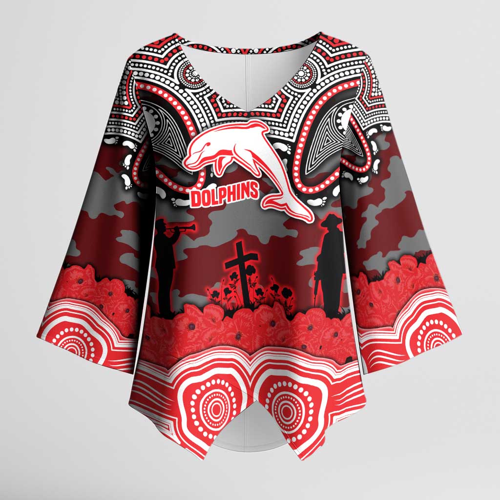 ANZAC Day Dolphins Kimono Sleeve Blouse Military Memorial Aboriginal Indigenous Art