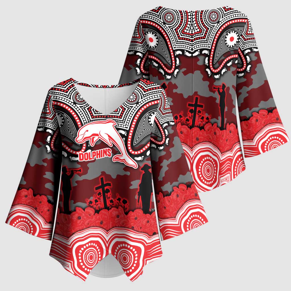 ANZAC Day Dolphins Kimono Sleeve Blouse Military Memorial Aboriginal Indigenous Art
