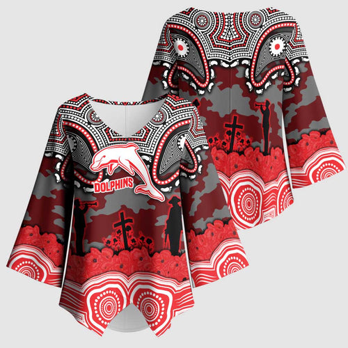 ANZAC Day Dolphins Kimono Sleeve Blouse Military Memorial Aboriginal Indigenous Art