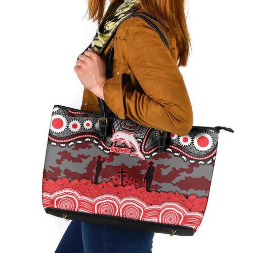 ANZAC Day Dolphins Leather Tote Bag Military Memorial Aboriginal Indigenous Art
