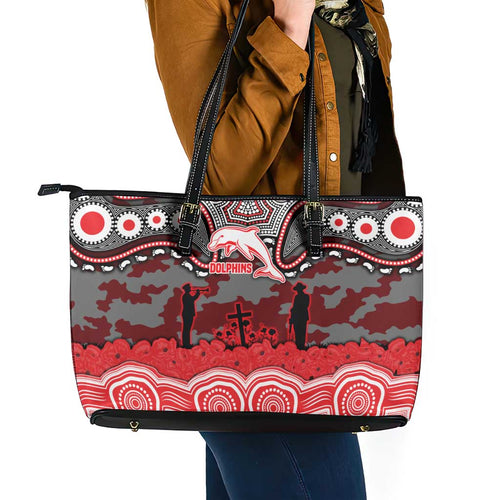 ANZAC Day Dolphins Leather Tote Bag Military Memorial Aboriginal Indigenous Art