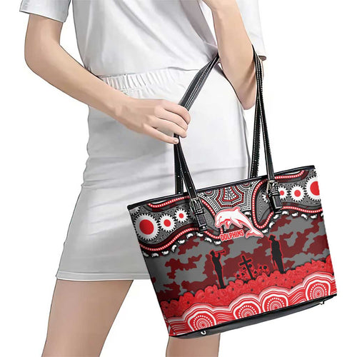 ANZAC Day Dolphins Leather Tote Bag Military Memorial Aboriginal Indigenous Art