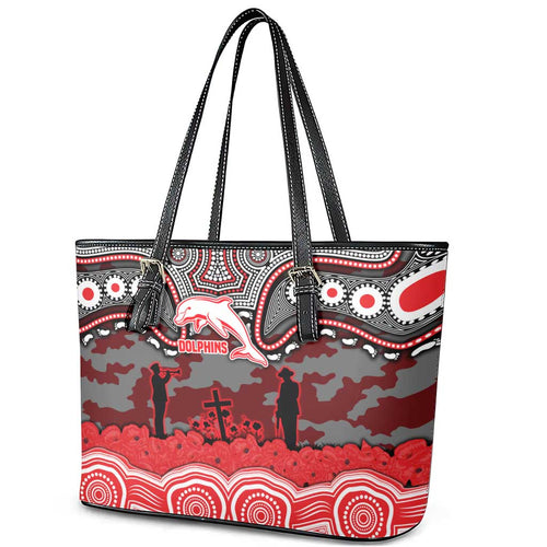 ANZAC Day Dolphins Leather Tote Bag Military Memorial Aboriginal Indigenous Art
