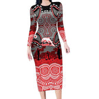 ANZAC Day Dolphins Long Sleeve Bodycon Dress Military Memorial Aboriginal Indigenous Art