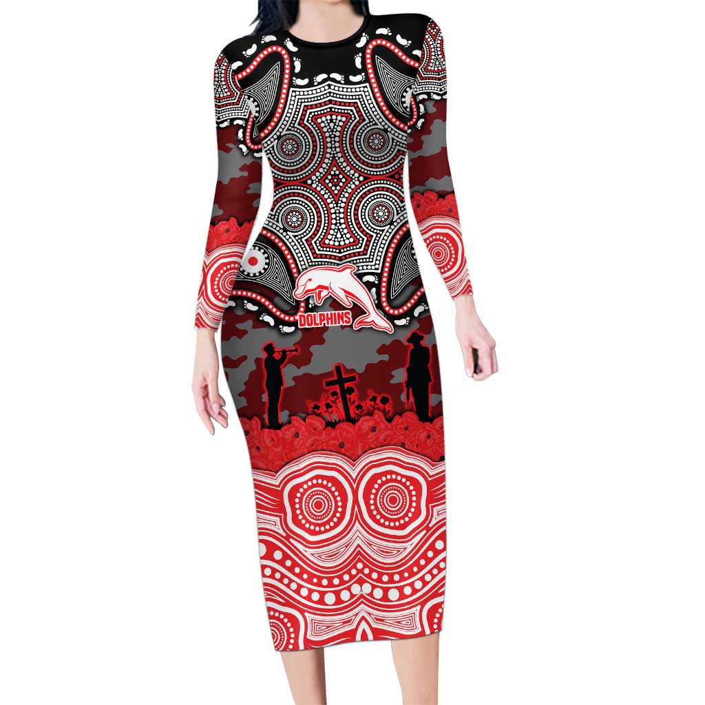 ANZAC Day Dolphins Long Sleeve Bodycon Dress Military Memorial Aboriginal Indigenous Art