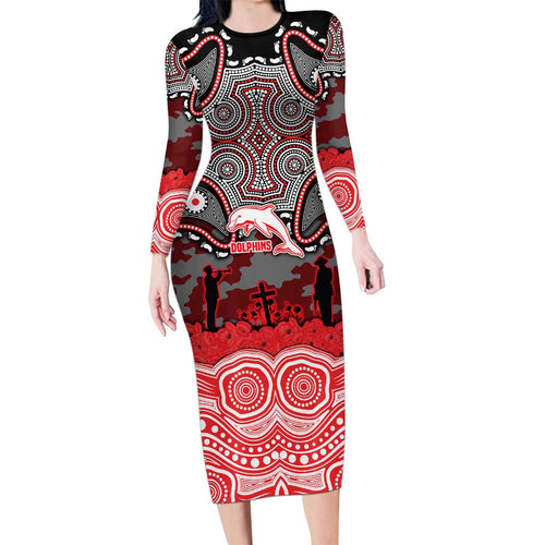 ANZAC Day Dolphins Long Sleeve Bodycon Dress Military Memorial Aboriginal Indigenous Art