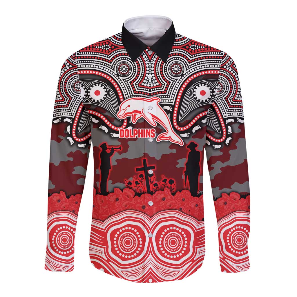 ANZAC Day Dolphins Long Sleeve Button Shirt Military Memorial Aboriginal Indigenous Art