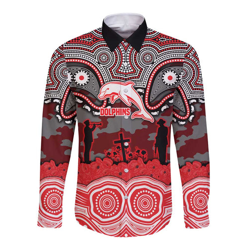 ANZAC Day Dolphins Long Sleeve Button Shirt Military Memorial Aboriginal Indigenous Art