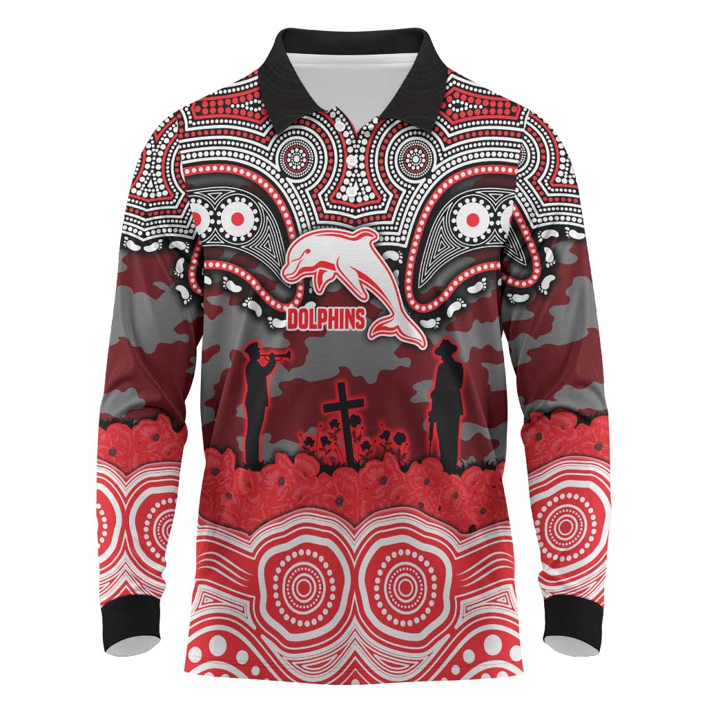 ANZAC Day Dolphins Long Sleeve Polo Shirt Military Memorial Aboriginal Indigenous Art