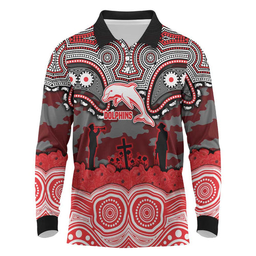 ANZAC Day Dolphins Long Sleeve Polo Shirt Military Memorial Aboriginal Indigenous Art