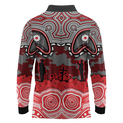 ANZAC Day Dolphins Long Sleeve Polo Shirt Military Memorial Aboriginal Indigenous Art