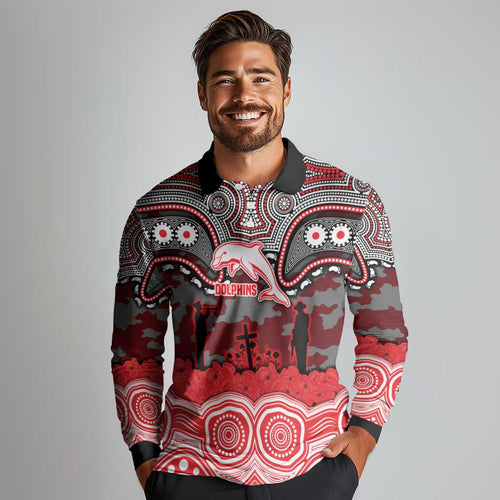ANZAC Day Dolphins Long Sleeve Polo Shirt Military Memorial Aboriginal Indigenous Art