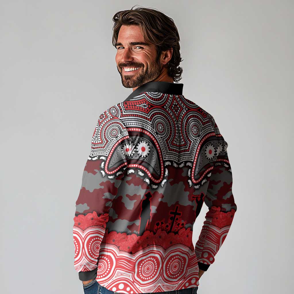ANZAC Day Dolphins Long Sleeve Polo Shirt Military Memorial Aboriginal Indigenous Art