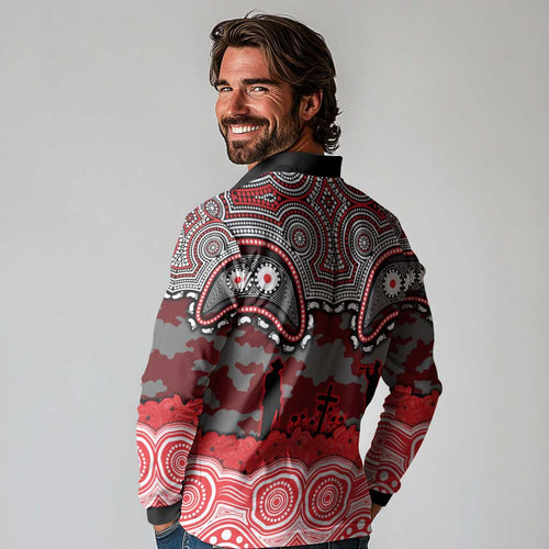 ANZAC Day Dolphins Long Sleeve Polo Shirt Military Memorial Aboriginal Indigenous Art