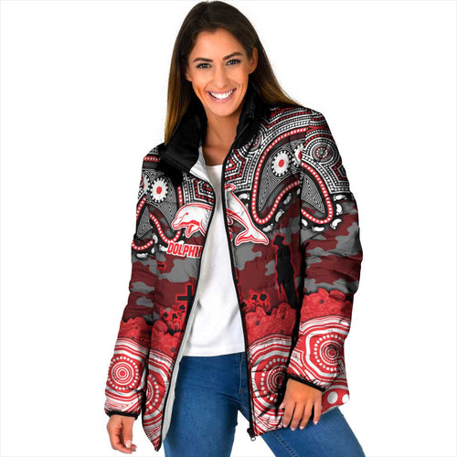 ANZAC Day Dolphins Padded Jacket Military Memorial Aboriginal Indigenous Art