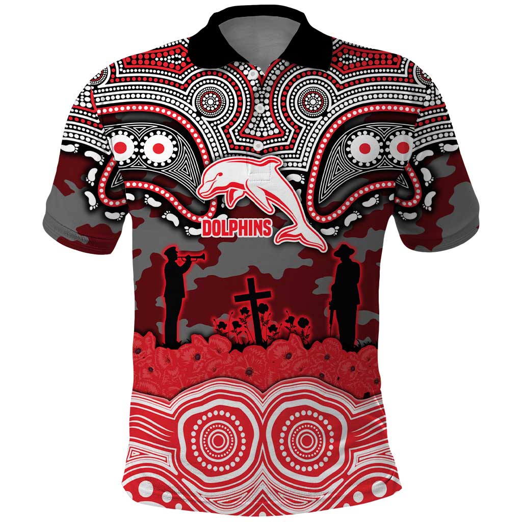 ANZAC Day Dolphins Polo Shirt Military Memorial Aboriginal Indigenous Art