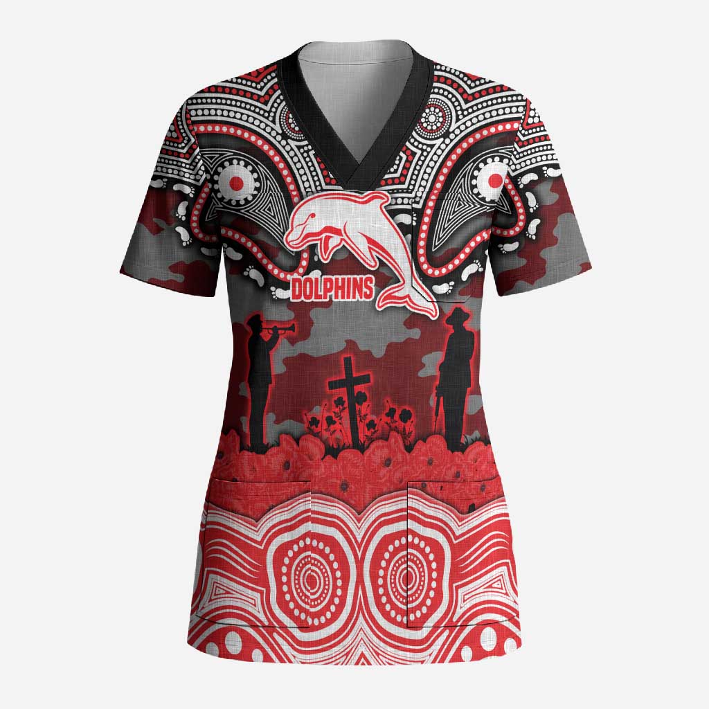 ANZAC Day Dolphins Scrub Top Military Memorial Aboriginal Indigenous Art