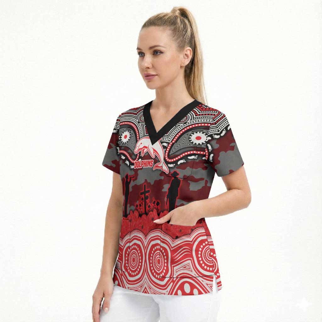 ANZAC Day Dolphins Scrub Top Military Memorial Aboriginal Indigenous Art