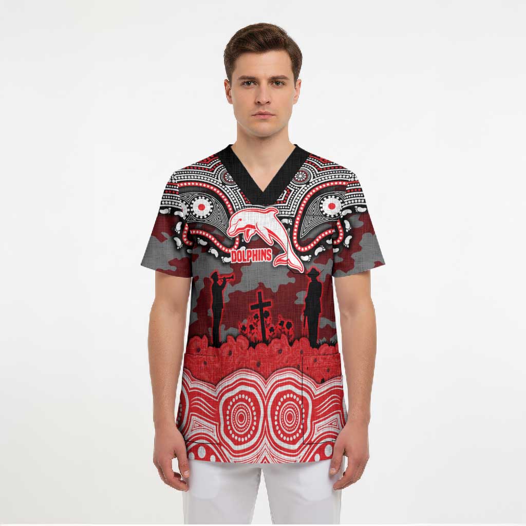 ANZAC Day Dolphins Scrub Top Military Memorial Aboriginal Indigenous Art