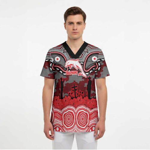 ANZAC Day Dolphins Scrub Top Military Memorial Aboriginal Indigenous Art