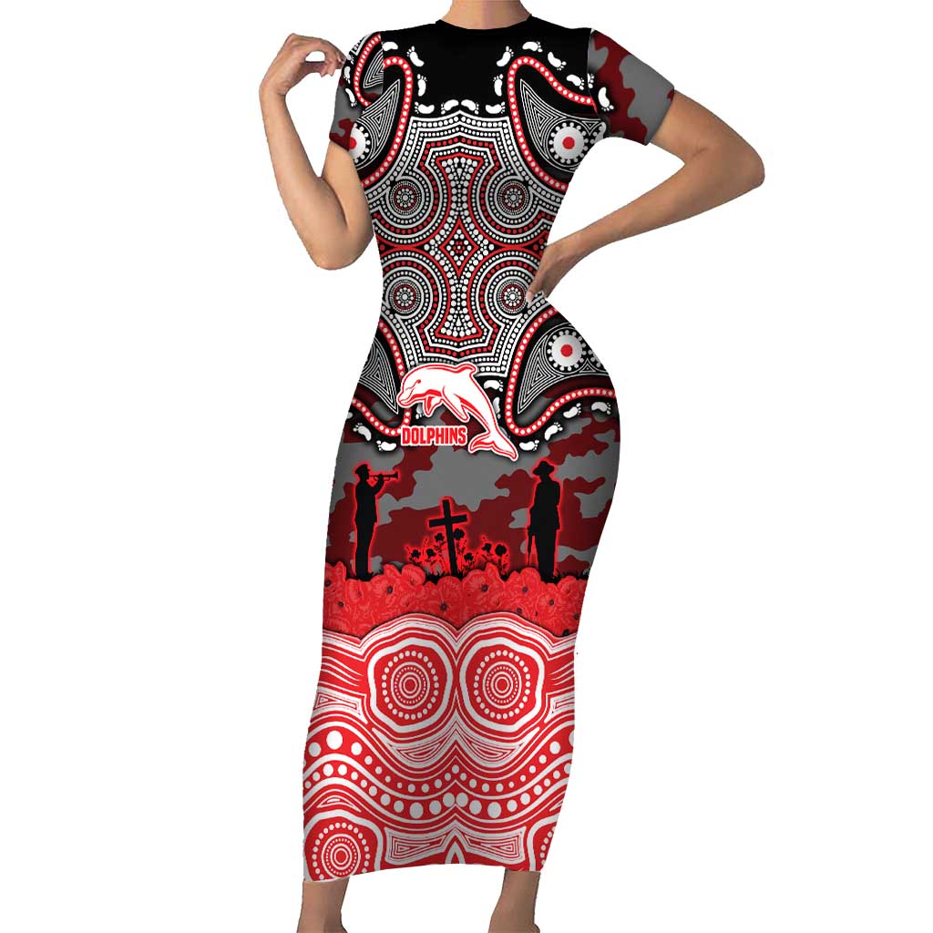 ANZAC Day Dolphins Short Sleeve Bodycon Dress Military Memorial Aboriginal Indigenous Art