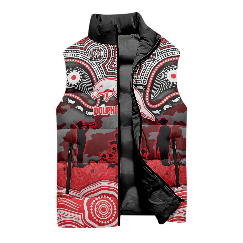 ANZAC Day Dolphins Sleeveless Puffer Jacket Military Memorial Aboriginal Indigenous Art