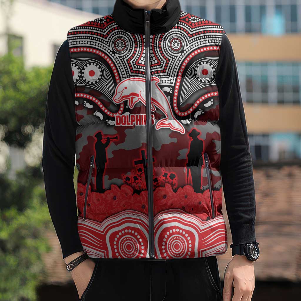 ANZAC Day Dolphins Sleeveless Puffer Jacket Military Memorial Aboriginal Indigenous Art