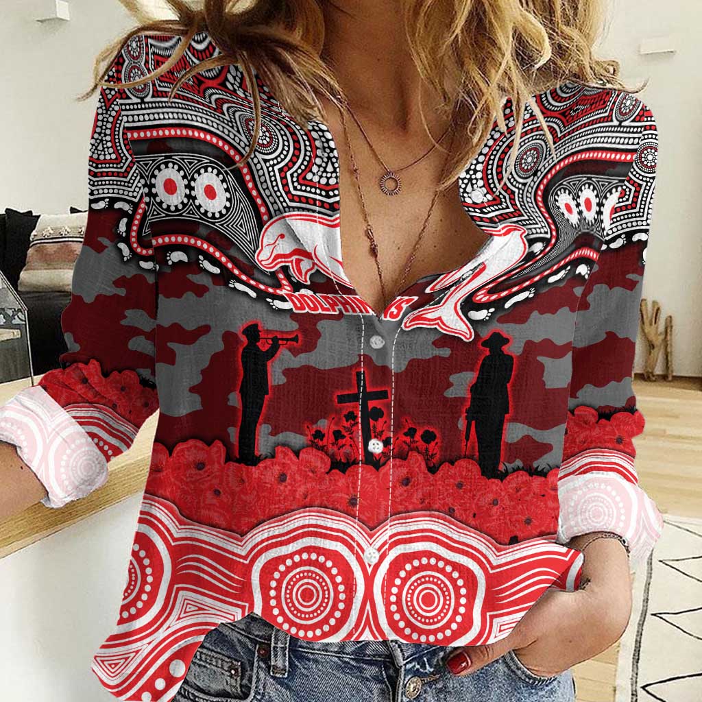 ANZAC Day Dolphins Women Casual Shirt Military Memorial Aboriginal Indigenous Art