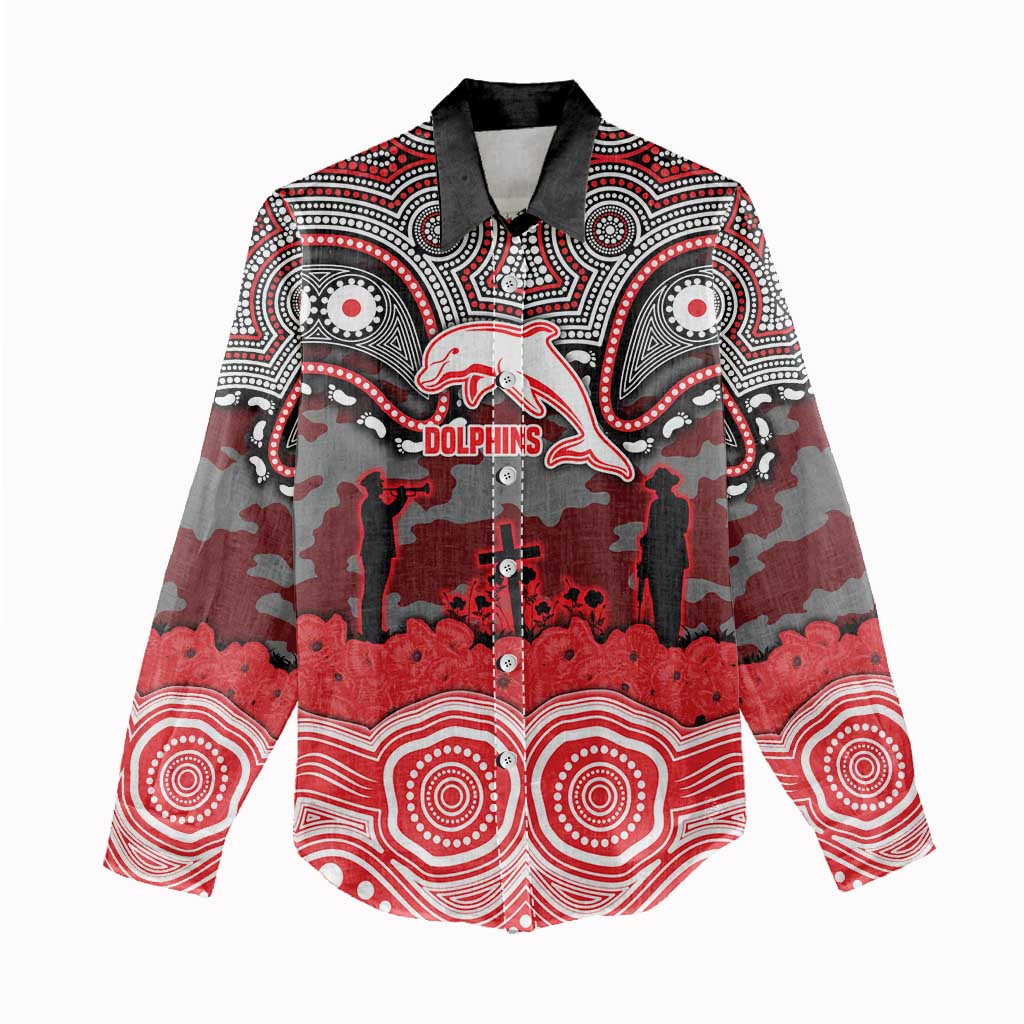 ANZAC Day Dolphins Women Casual Shirt Military Memorial Aboriginal Indigenous Art