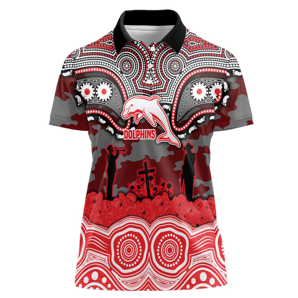 ANZAC Day Dolphins Women Polo Shirt Military Memorial Aboriginal Indigenous Art